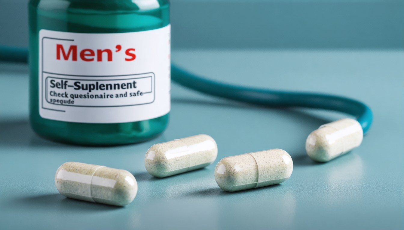 Man reviewing a checklist about men's sexual health supplements with pill bottles and a glass of water on the table